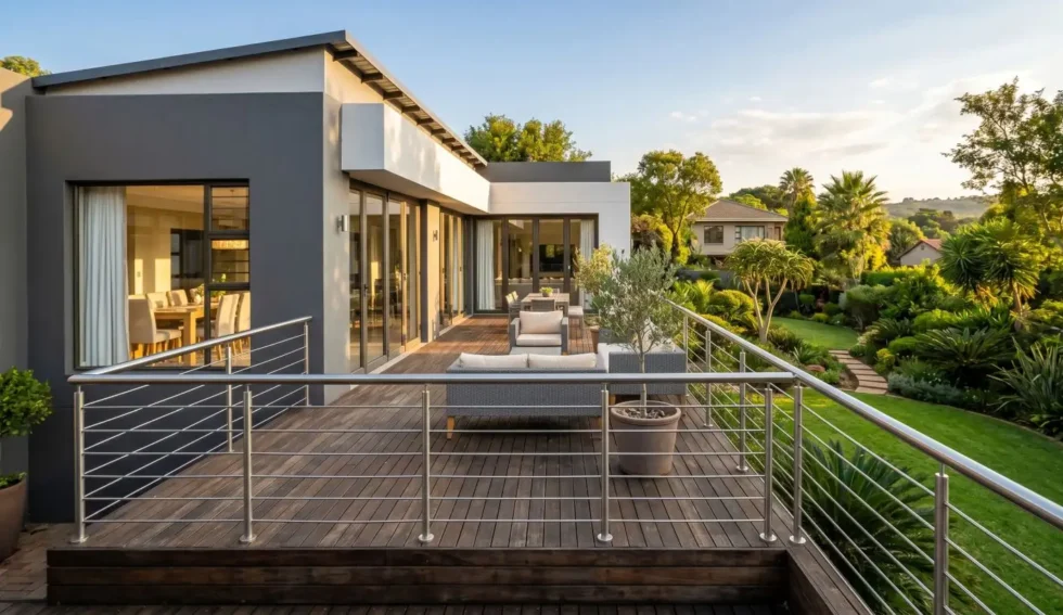 Stainless steel tube infill balustrade on a timber deck of a modern South African home surrounded by a landscaped garden at sunset