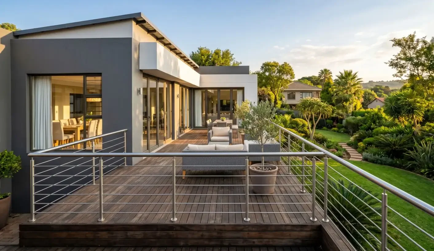 Stainless steel tube infill balustrade on a timber deck of a modern South African home surrounded by a landscaped garden at sunset